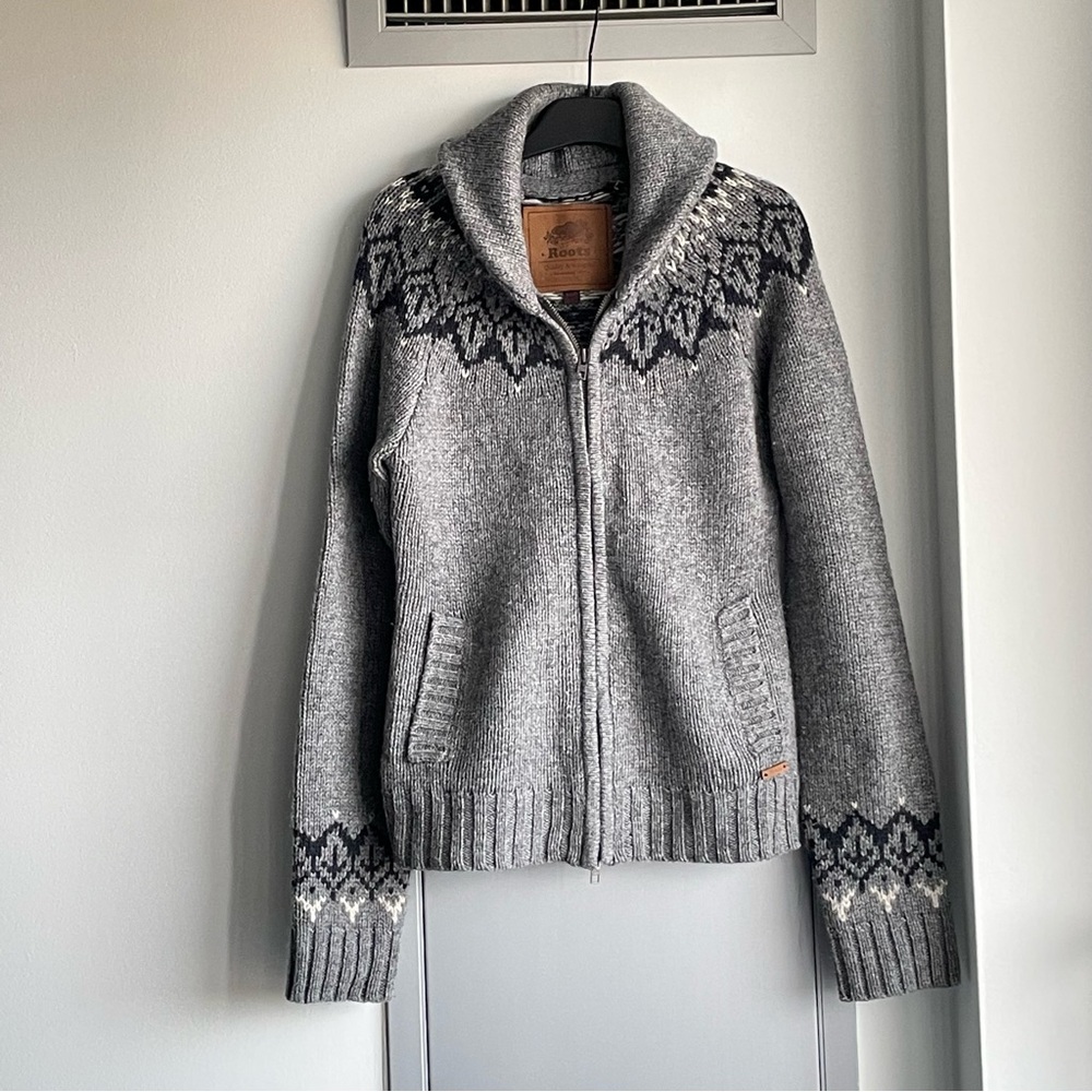 VTG ROOTS Grey Knit Full Zip-Up Lambswool and Cashmere Sweater with Pattern